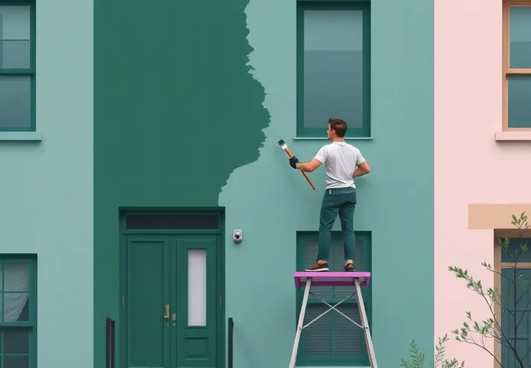 Peintre sur échafaudage traitant la façade d'une maison