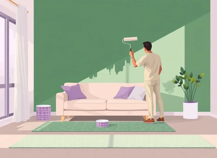Peintre appliquant la peinture au rouleau sur un mur de salon